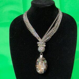Vintage Silver Tone Multi-Chain Necklace With Faceted Crystal Pendant For Women